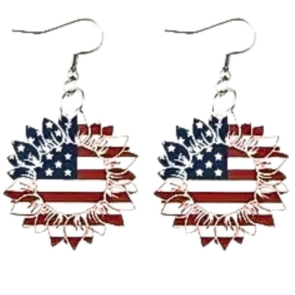 NWT Sunflower USA Flag Earrings Patriotic Jewelry Lightweight Acrylic Dangles